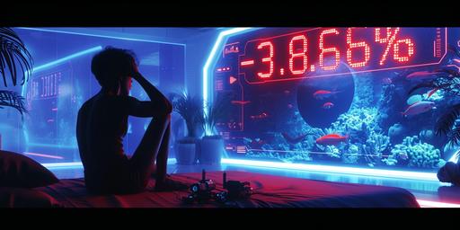 A luxurious futuristic bedroom at night. A back view of silhouette of a desperate man holds his head with his hands as he sits on the bed. He has just woke up. In front of him, a huge concave screen covers an entire wall, displaying sinister red numbers 