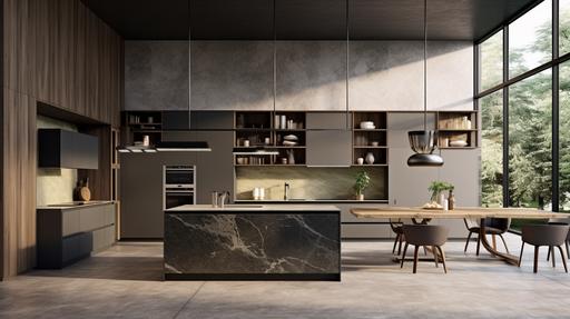 A luxurious high end kitchen room with neatly arranged furniture using wallnut, steel and marble colors, concrete, backlight, high ceiling, UHD, hyper quality, environment --ar 16:9 --v 5.2