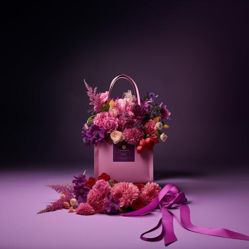 A luxurious purple paper bag filled with pink and purple flowers