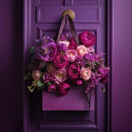A luxurious purple paper bag filled with pink and purple flowers hanging on a purple door