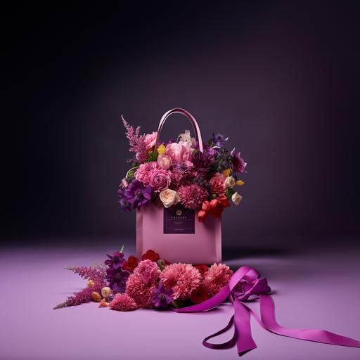 A luxurious purple paper bag filled with pink and purple flowers