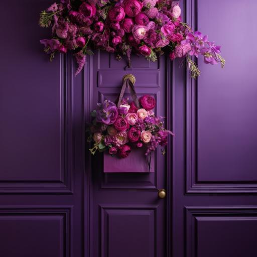 A luxurious purple paper bag filled with pink and purple flowers hanging on a purple door