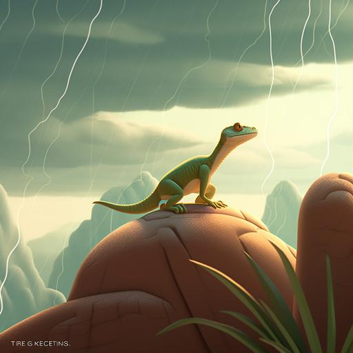 A macro life illustration of a miniature terragen with a shy gecko in cartoon style 