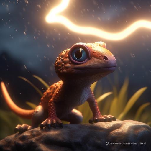 A macro life illustration of a miniature terragen with a shy gecko in cartoon style 