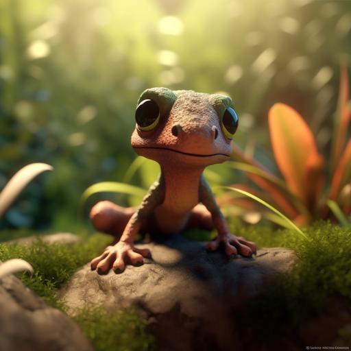 A macro life illustration of a miniature terragen with a shy gecko in cartoon style 