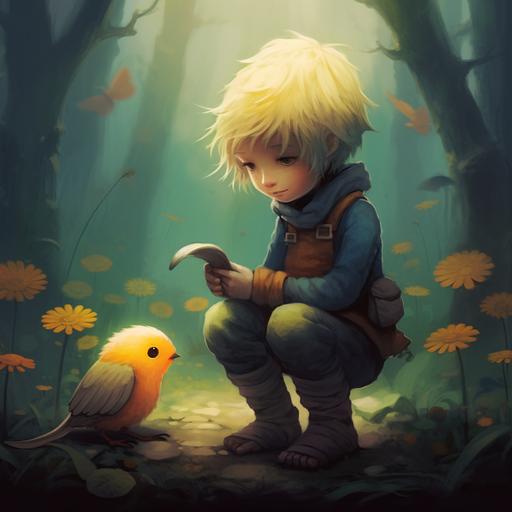 A magical boy in a big forest talking to a little tit who is sad
