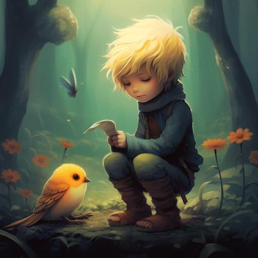 A magical boy in a big forest talking to a little tit who is sad