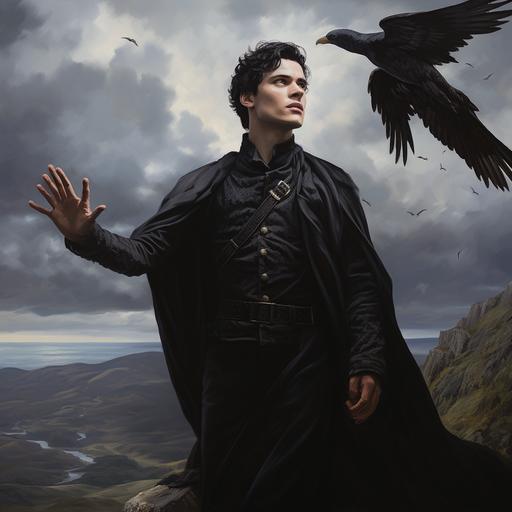 A magnificent young man with black hair, dressed all in black, is standing at the top of a cliff in Scotland. He holds out his hand to me. In the background, in the sky, two eagles are flying, realistic genre scenes.
