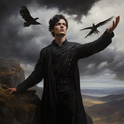 A magnificent young man with black hair, dressed all in black, is standing at the top of a cliff in Scotland. He holds out his hand to me. In the background, in the sky, two eagles are flying, realistic genre scenes.