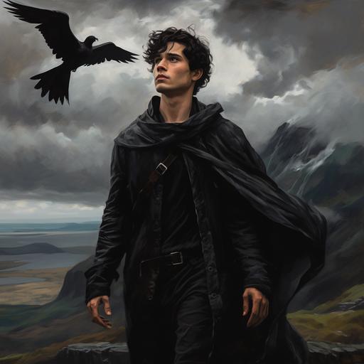 A magnificent young man with black hair, dressed all in black, is standing at the top of a cliff in Scotland. He holds out his hand to me. In the background, in the sky, two eagles are flying, realistic genre scenes.