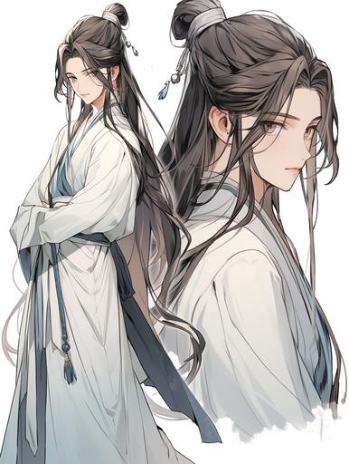 A male anime character, wearing a white robe in the Han Dynasty style, with a blue thin waist rope tied around his waist. He has a high half-up bun hairstyle with a white headband and a white bandage around his neck. There are also white bandages on both wrists. He has amber-colored eyes and a slightly curved mouth, giving a gentle and compassionate expression with a smile. --ar 3:4 --niji 5 --s 250