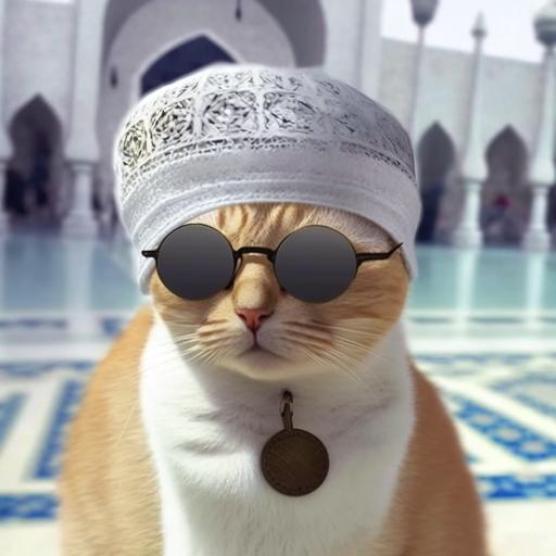 A male brown cat in courtyard of a mosque wearing muslim prayer cap and round big glasses and a tasbeeh in neck natural light 4k --version 4