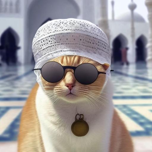 A male brown cat in courtyard of a mosque wearing muslim prayer cap and round big glasses and a tasbeeh in neck natural light 4k --version 4