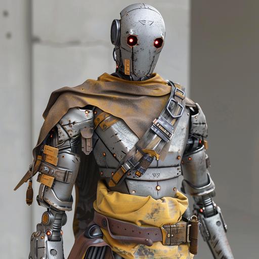 A male character warforged. about 5’8, silver/grey metallic robot body, solid-colored metallic eyes with red pupils (electric lights). He wears brown leather belts with satchels attached at the hip, some fabrics hanging from the back of it and some 