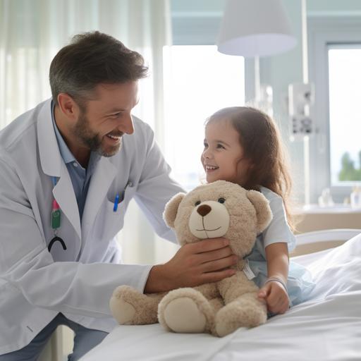 A male doctor about 35 years old in white coat with a sthetoscope over his neck, holding a hand of a sick child lying in bed, both are smiling . Doctor is giving the child a bear. toy. They are in well lit, clean modern hospital with large windows, modern equipment, photographic image sharp and bright, shades of blue and white, grey. The image should project doctor's empathy for his patient (child), his devotion and care.