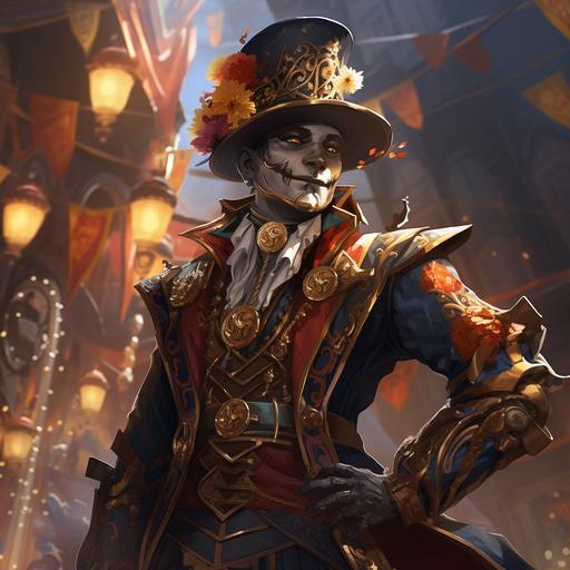 A male gearforged automaton dressed as a flamboyant carnival (carnie) barker and town crier. Epic fantasky 4k inspired by tabletop roleplaying game art in Dungeons & Dragons, Pathfinder, Kobold Press.