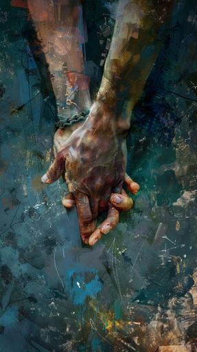 A male hand holds and appears to lead a female hand. The style is digital painting with elements of impressionism. --ar 9:16 --v 6.0