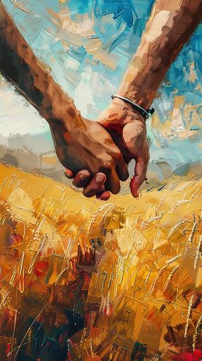 A male hand holds and seems to be leading a female hand against the backdrop of a field. The style is digital painting with elements of impressionism. --ar 9:16 --v 6.0