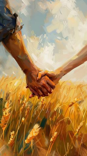 A male hand holds and seems to be leading a female hand against the backdrop of a field. The style is digital painting with elements of impressionism. --ar 9:16 --v 6.0