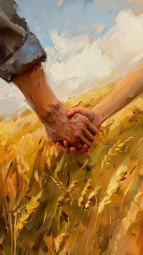 A male hand holds and seems to be leading a female hand against the backdrop of a field. The style is digital painting with elements of impressionism. --ar 9:16 --v 6.0