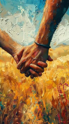 A male hand holds and seems to be leading a female hand against the backdrop of a field. The style is digital painting with elements of impressionism. --ar 9:16 --v 6.0