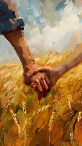 A male hand holds and seems to be leading a female hand against the backdrop of a field. The style is digital painting with elements of impressionism. --ar 9:16 --v 6.0