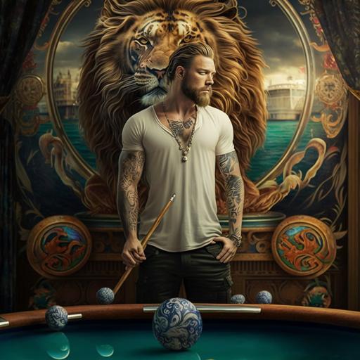 A male lion holding a fantasy pool cue in his hand is wearing dark blue jeans, the number eight black billiard ball is tattooed on the body of the lion, and he is standing in front of a large luxury cruise ship. The super attractive and modern image around the ship is very beautiful nature and Dreamy