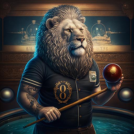 A male lion holding a fantasy pool cue in his hand is wearing dark blue jeans, the number eight black billiard ball is tattooed on the body of the lion, and he is standing in front of a large luxury cruise ship. The super attractive and modern image around the ship is very beautiful nature and Dreamy