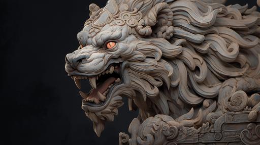 A male lion, that looks exactly like a Chinese Guardian Lion dog statue, fire breathing, dragon scales, and no fur, in shonen anime style, realistic detailed --ar 16:9 --style expressive --s 1000 --niji 5