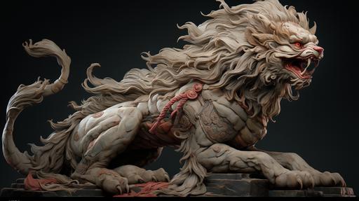 A male lion, that looks exactly like a Chinese Guardian Lion dog statue, fire breathing, dragon scales, and no fur, in shonen anime style, realistic detailed --ar 16:9 --style expressive --s 1000 --niji 5