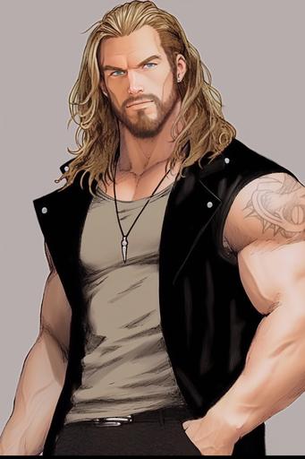 A man 7 feet tall, full body, 25 years old, straight blonde hair, green eyes, full beard, chiseled features, broad shoulders, beefy, strong jaw, wearing dark goth clothes, amusement expression and smiling, realistic, masterpiece, hyper detailed --ar 2:3 --stylize 20 --niji 5