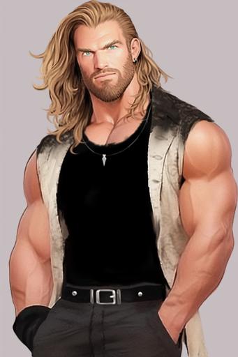 A man 7 feet tall, full body, 25 years old, straight blonde hair, green eyes, full beard, chiseled features, broad shoulders, beefy, strong jaw, wearing dark goth clothes, amusement expression and smiling, realistic, masterpiece, hyper detailed --ar 2:3 --stylize 20 --niji 5