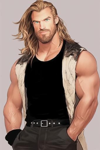 A man 7 feet tall, full body, 25 years old, straight blonde hair, green eyes, full beard, chiseled features, broad shoulders, beefy, strong jaw, wearing dark goth clothes, amusement expression and smiling, realistic, masterpiece, hyper detailed --ar 2:3 --stylize 20 --niji 5