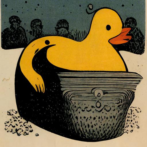 A man buried by a cascade of rubber ducks, cartoon drawing by Herge in ligne clare style --uplight --q 2
