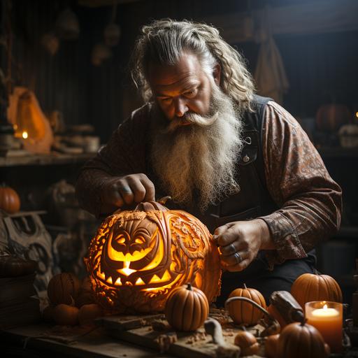 A man carves a large pumpkin with a knife, creative creation, strong lighting, Halloween theme, photographed with a revelog 600 mn 5.v 4:5 --s 750