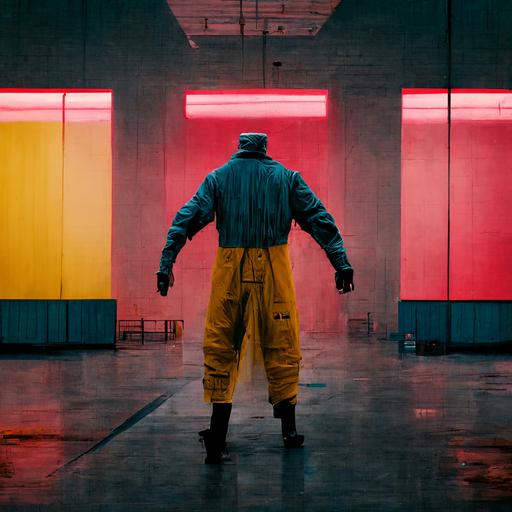 A man dancing drum and bass inside a car factory, the man wears clothes designed by Maurizio Cattelan, realistic, photography, shot by Dan Medhurst, octane render, 8k, photorealistic