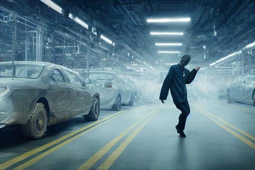 A man dancing drum and bass inside a car factory, industrial, the man wears clothes designed by Maurizio Cattelan, realistic, photography, shot by Dan Medhurst, octane render, 8k, photorealistic, --testp --ar 16:9 --upbeta --upbeta --upbeta