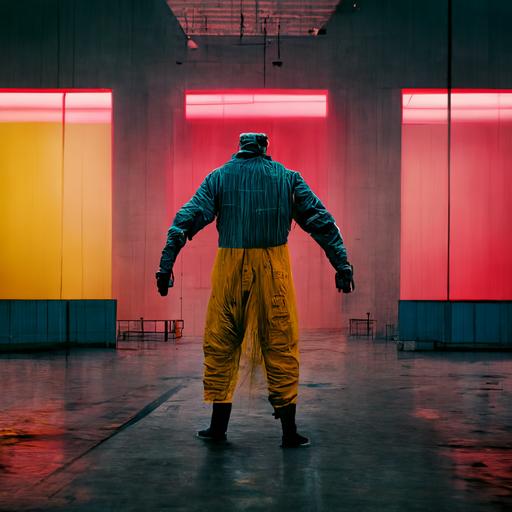 A man dancing drum and bass inside a car factory, the man wears clothes designed by Maurizio Cattelan, realistic, photography, shot by Dan Medhurst, octane render, 8k, photorealistic