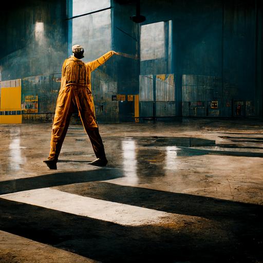 A man dancing drum and bass inside a car factory, industrial, the man wears clothes designed by Maurizio Cattelan, realistic, photography, shot by Dan Medhurst, octane render, 8k, photorealistic