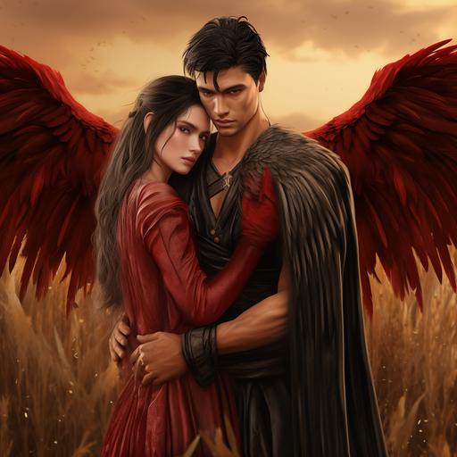 A man dressed in a marsh tunic hugs a woman in a red dress, heaven is a place on earth with you, medieval feeling, vicious passion, forbidden passion, lavender, gold, game of thrones, the man has black hair, the man has big red wings, women long brown hair, woman has golden wings, silver, white, incredibly detailed, sharpness, hyper-realistic, details, professional lighting, film lighting, 35mm, anamorphic, lightroom, cinematography, Romance Club, Vicki Walker and Malbonte, artstation  --s 750