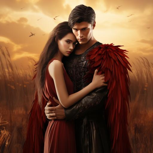 A man dressed in a marsh tunic hugs a woman in a red dress, heaven is a place on earth with you, medieval feeling, vicious passion, forbidden passion, lavender, gold, game of thrones, the man has black hair, the man has big red wings, women long brown hair, woman has golden wings, silver, white, incredibly detailed, sharpness, hyper-realistic, details, professional lighting, film lighting, 35mm, anamorphic, lightroom, cinematography, Romance Club, Vicki Walker and Malbonte, artstation  --s 750