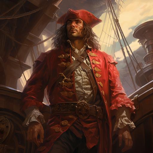 A man dressed in a red sailors coat and a red tricorn standing at the helm of a pirate ship. 80s fantasy art.