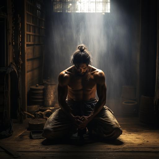 A man engrossed in martial training within a old crooked wood dojo, moonlight filtering through crack in wall and ceiling and soloing out the man , mystical mist shrouds the background, conveying a sense disipline and masculinity and suffering, Realistic photography, portray action in the image, mental anguish, 1080x1920 pixle resolution, one picture