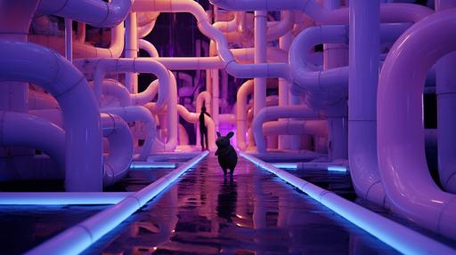 A man in a fuzzy hamster costume, center frame, running through junctions of a stark simple gothic funroom playland, surreal minimalism, minimalistic gothic dreamcore, simple design, amusement park with a series of sprawling intricate plastic waterslide tubes and tunnels, HD, 32k, ELO, gothic colors, 