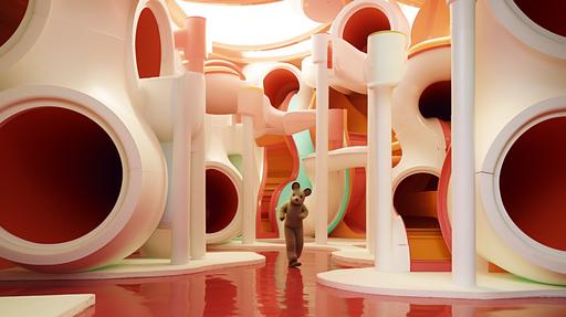 A man in a fuzzy hamster costume, center frame, running through a stark hallway simple funroom playland, surreal minimalism, minimalistic dreamcore, simple design, amusement park with a series of sprawling intricate plastic waterslide tubes and tunnels, junction, ELO, bold colors, 