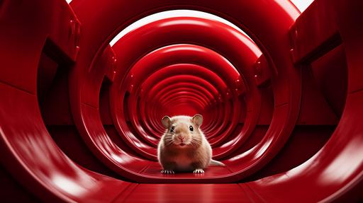 A man in a fuzzy hamster costume, center frame, running through a stark hallwaysimple funroom playland, surreal minimalism, minimalistic dreamcore, simple design, amusement park with a series of sprawling intricate plastic waterslide tubes and tunnels, junction, ELO, bold colors, 
