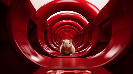 A man in a fuzzy hamster costume, center frame, running through a stark hallwaysimple funroom playland, surreal minimalism, minimalistic dreamcore, simple design, amusement park with a series of sprawling intricate plastic waterslide tubes and tunnels, junction, ELO, bold colors, 