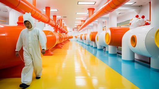 A man in a fuzzy hamster costume, center frame, running through a stark hallway, simple funroom playland, surreal minimalism, minimalistic dreamcore, simple design, amusement park with a series of sprawling intricate plastic waterslide tubes and tunnels, junctions of small artificial rivers serving trays of food, ELO, bold colors, 