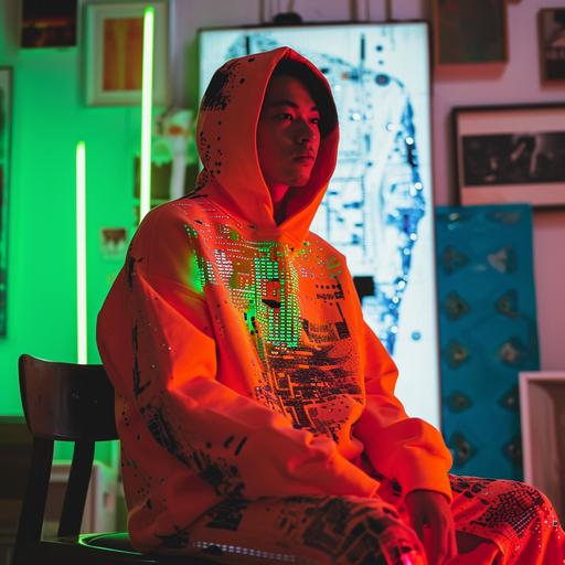 A man in a red hoodie adorned with abstract geometric patterns, modern themes, bright orange, [Yayoi Kusama]( pixelwave, cyberpunk, [Banksy]( A dimly lit sweatshirt with a science-themed design, in the style of deep green and black, technology-focused, low-res image, futuristic motifs, 2nd version, The woman is sitting in front of a chair, wearing a vibrant yellow sweatshirt with a floral print, inspired by nature, pastel hues, [Vincent van Gogh]( botanicalcore, [Claude Monet]( A man in casual attire, surrounded by modern art, wearing a neon green sweatshirt with a glitch design, neon colors, contemporary themes, glitchwave, dynamic cuts, digital aesthetics, gait and/or gate --v 6.0