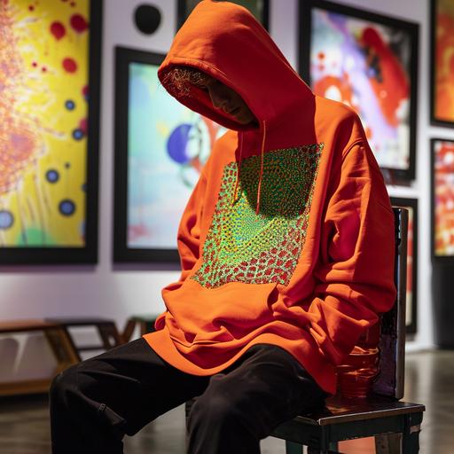 A man in a red hoodie adorned with abstract geometric patterns, modern themes, bright orange, [Yayoi Kusama]( pixelwave, cyberpunk, [Banksy]( A dimly lit sweatshirt with a science-themed design, in the style of deep green and black, technology-focused, low-res image, futuristic motifs, 2nd version, The woman is sitting in front of a chair, wearing a vibrant yellow sweatshirt with a floral print, inspired by nature, pastel hues, [Vincent van Gogh]( botanicalcore, [Claude Monet]( A man in casual attire, surrounded by modern art, wearing a neon green sweatshirt with a glitch design, neon colors, contemporary themes, glitchwave, dynamic cuts, digital aesthetics, gait and/or gate --v 6.0